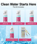 Hot Tub Water Balancing Kit With Fifty Test Strips includes pH Up, pH Down, Alkalinity Up, Calcium Increaser, and test strips.