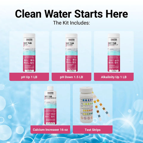 Hot Tub Water Balancing Kit With Fifty Test Strips includes pH Up, pH Down, Alkalinity Up, Calcium Increaser, and test strips.