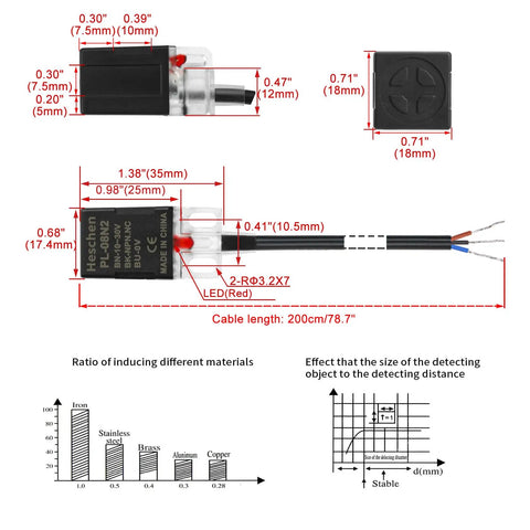 Diagram of Square Inductive Proximity Sensor Switch PL08N2 8mm Detection Distance NPN NC with dimensions and wire details