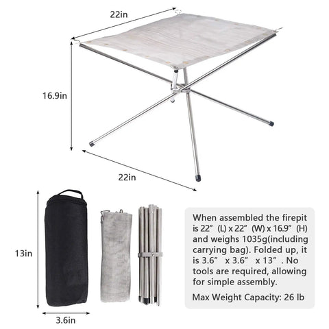 Ultra Portable 22 Inch Outdoor Fire Pit Collapsible and Foldable Mesh Design for Camping Campfire Patio Backyard and Garden with Carrying Bag Included Quick Setup for Easy Breezy Outdoor Nights, showing dimensions and assembly components.