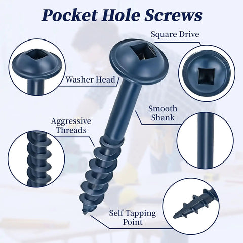 Exterior Pocket Hole Screws One And A Half Inch, Washer Head, Square Drive, Coarse Thread, Blue Coated, Self Tapping