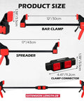 12 Inch Bar Clamps Set With Quick Release For Woodworking, 150 Lbs Load Per Clamp, Includes 2 Clamp Connectors, Spreader