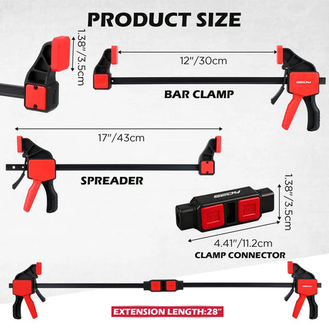 12 Inch Bar Clamps Set With Quick Release For Woodworking, 150 Lbs Load Per Clamp, Includes 2 Clamp Connectors, Spreader