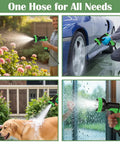 5 Gallon Nursery Pots 20 Pack With 50 Foot Garden Hose And Spray Nozzle Plus 3 In 1 Soil Tester Moisture Light pH All In One Indoor Outdoor Gardening Kit For Seedlings Plants And Potted Gardens being used for watering flowers, washing a car, and cleaning a window