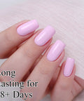 Close-up of nails painted with HEMA Free Gel Nail Polish Set With Milky Pink And Pastel Pink, Two 10ml Bottles, UV LED Soak Off Kit