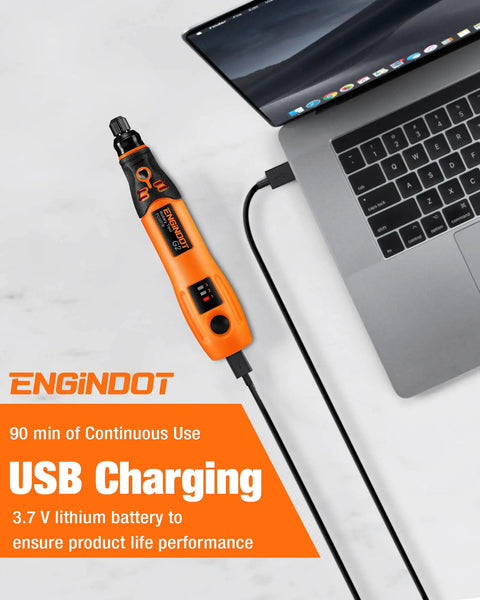 Mini Cordless Rotary Tool Kit With 3.7V USB Recharge connected to a laptop, highlighting its USB charging feature.