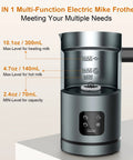 4 In 1 Milk Frother And Warmer With Stainless Steel Build And Touch Screen shown with capacity levels for milk.