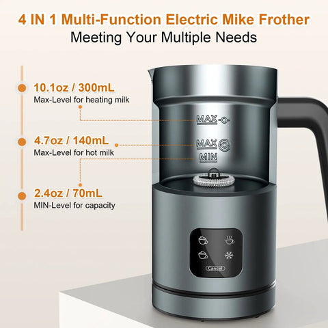 4 In 1 Milk Frother And Warmer With Stainless Steel Build And Touch Screen shown with capacity levels for milk.