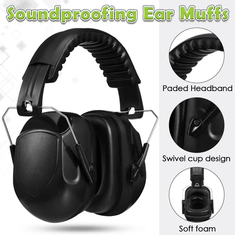 Black Six Pack Noise Reduction Ear Muffs NRR 28dB Ear Protection For Shooting Range And Lawn Mowing with padded headband