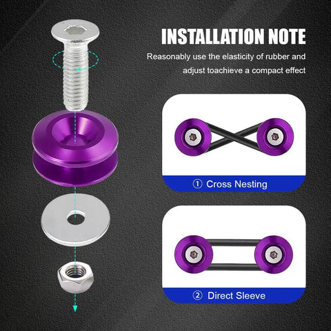 Front And Rear Quick Release Bumper Kit With Clips And Stainless Steel Screws For Cars showing purple release tabs, screws, and O rings.