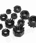 Assorted 75 Piece Stainless Steel K Lock Nuts Set With Tooth Washers Black Finish shown in various sizes on white background