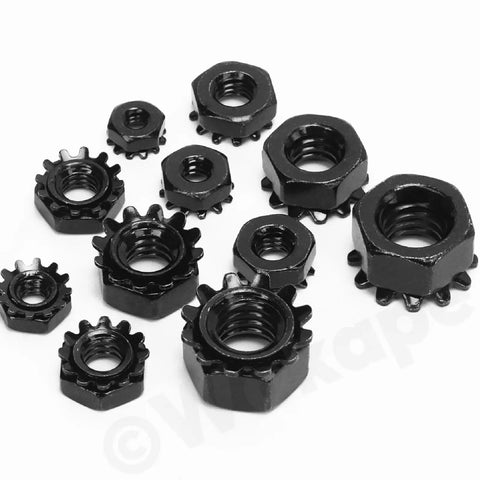 Assorted 75 Piece Stainless Steel K Lock Nuts Set With Tooth Washers Black Finish shown in various sizes on white background