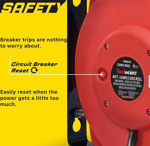 Back view of Retractable Extension Cord Reel With Wall Mount Kit showing circuit breaker reset feature.