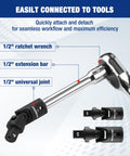 Flexible Universal Joint Socket Adapter Set For Multi Angle Access Includes One Quarter Inch CR-V steel with phosphate finish