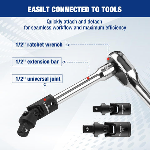 Flexible Universal Joint Socket Adapter Set For Multi Angle Access Includes One Quarter Inch CR-V steel with phosphate finish