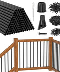 No Sweat Setup 100 Pack 26 Inch Round Aluminum Deck Balusters, Three Quarter Inch Diameter Black Anodized Stair Spindles, Heavy Duty Railing Kit With Mounting Hardware For Quick Backyard Makeovers with black spindles and mounting hardware.