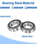 Two chrome steel Six Pieces R10 2RS Deep Groove Ball Bearings with double rubber shield, focused on material and sealing features.