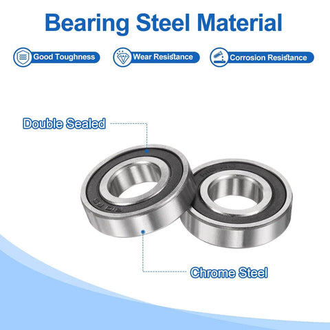 Two chrome steel Six Pieces R10 2RS Deep Groove Ball Bearings with double rubber shield, focused on material and sealing features.