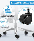 Five 2-inch black office chair casters on a chrome base; 360-degree swivel; mute rubber wheels