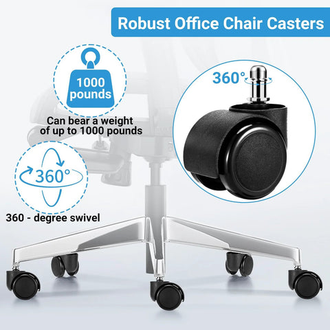 Five 2-inch black office chair casters on a chrome base; 360-degree swivel; mute rubber wheels