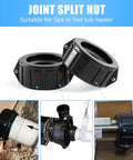 Spa heater joint split nuts with screws, 2-inch black plastic replacement unions for Balboa Gecko hot tub heaters.
