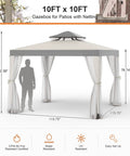 Patio Gazebo Tent 10x10 Outdoor Canopy Shelter with Removable Netting, showing dimensions and design features