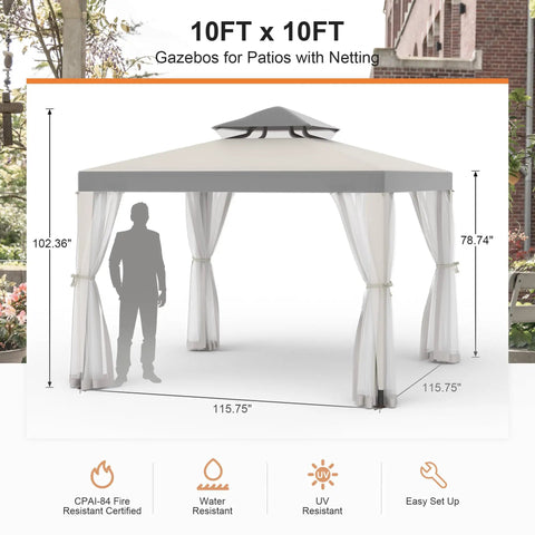 Patio Gazebo Tent 10x10 Outdoor Canopy Shelter with Removable Netting, showing dimensions and design features