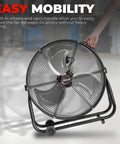High Velocity 24 Inch Industrial Shop Drum Fan With Tilt Head, all-metal, rolling floor fan for garage or commercial use, easy mobility