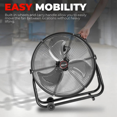 High Velocity 24 Inch Industrial Shop Drum Fan With Tilt Head, all-metal, rolling floor fan for garage or commercial use, easy mobility
