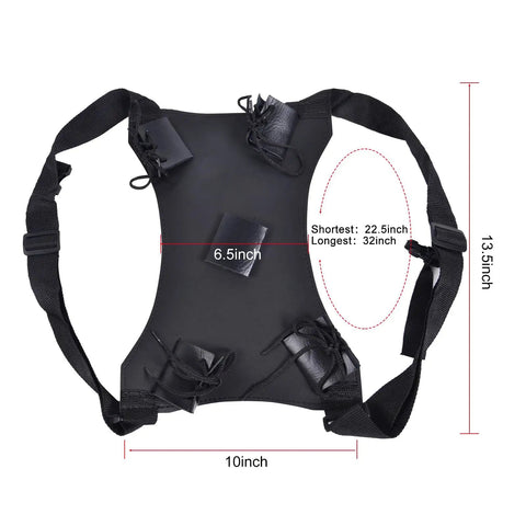 Back view of Dual Sword Back Holster For Katana With Adjustable Leather Frog Durable Dope Gear, dimensions labeled