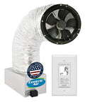 Top Tier Whole House Fan With Ultra Quiet Motor And R13 Damper, silver duct, black fan, control panel, energy efficient vent.
