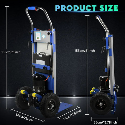 Heavy Duty Electric Stair Climbing Dolly With 900 Lbs Max Capacity showing dimensions 155cm x 56cm x 30cm aluminum frame and motor.