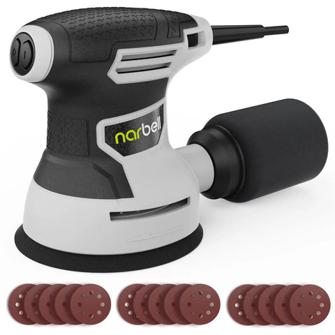 Side view of Beefy 3.0A 360W Random Orbital Sander Kit, 14000 RPM, 6 Variable Speeds, 5 Inch Palm Sander with Dust Bag and sandpapers.