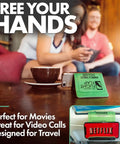 Airplane Travel Phone Holder, Flexible Folding Desk Stand on table, lightweight green, shows hands-free use
