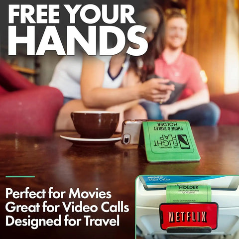 Airplane Travel Phone Holder, Flexible Folding Desk Stand on table, lightweight green, shows hands-free use