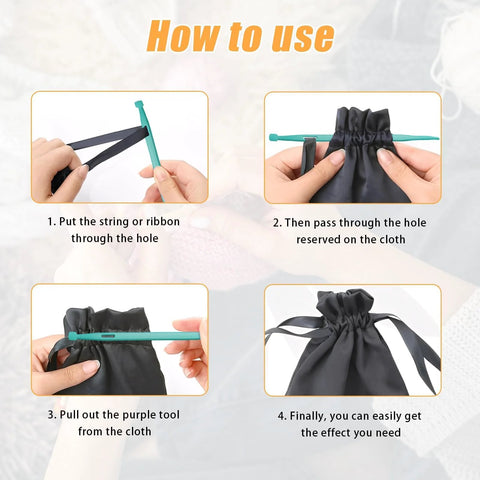 Tube Turner sewing tool set with teal plastic turners and black drawstring bag for turning fabric