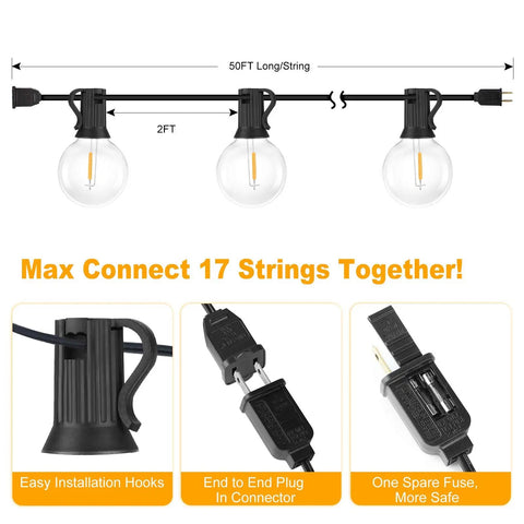 Diagram of 100 Foot Outdoor G40 LED Globe String Lights Two Pack Dimmable Waterproof Shatterproof Light Strings with 52 Bulbs.