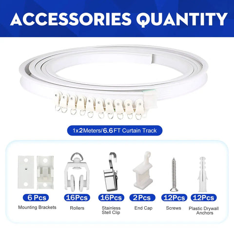 Curved Ceiling Curtain Track Bendable Mount For Curtain Rail Two Meter Length Flexible Cuttable To Fit Any Shape Perfect For Bunk Beds Bay Windows And Room Dividers Easy No Tool Installation And Durable Steel, white 6.6 ft track with rollers and brackets