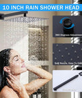 Shower Faucet Set, Matte Black 10-Inch Rain Head with Handheld and Valve features a 10-inch rain shower head with adjustable nozzles.