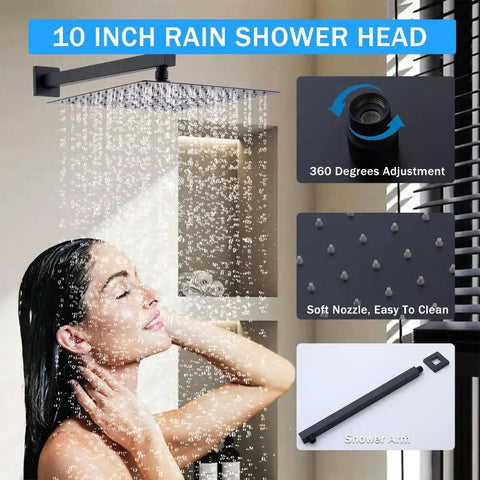 Shower Faucet Set, Matte Black 10-Inch Rain Head with Handheld and Valve features a 10-inch rain shower head with adjustable nozzles.