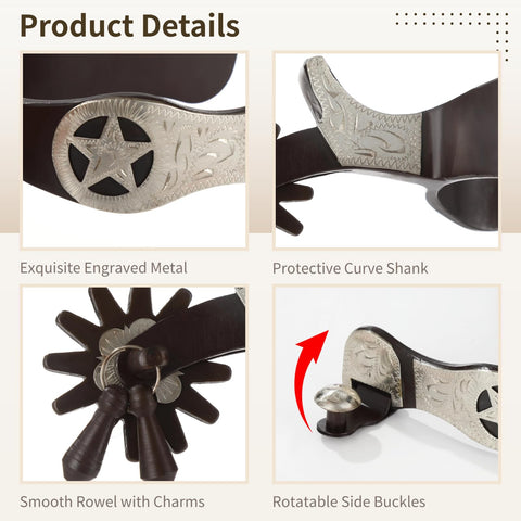 Two Pack Western Spurs With Turnable Gear For Cowboy Boots, Training Cues And Ranch Riding, Secure Side Buckles, Rotating Rowel Design