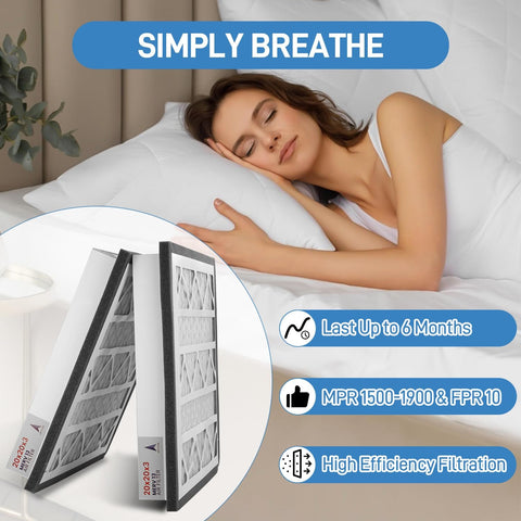 MERV 13 Pleated Air Filter Replacement 20x20x3 for Whole Home Return Air Grille with woman sleeping background, 2 Pack