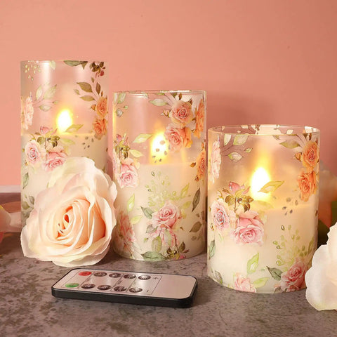 Pink Rose Flameless Candles Set Of 3 With Remote LED Glass Real Wax Look Romantic Date Night Vibes Home Wedding Bedroom Christmas Valentines Day Decor Safe Flame Free Ambience