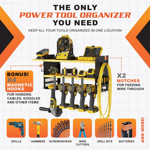 Wall Mount Power Tool Organizer Rack With Drill Holder And Tray Four Magnetic Hooks Two Shelves Pro Grade Heavy Duty Steel Cordless Tool Storage For Garage Black And Yellow displaying tools.