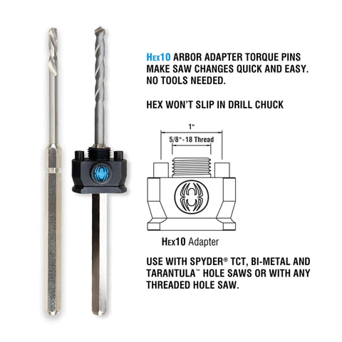 Spyder Hex10 1/2-in quick-change hole saw arbors, two-piece metal set with blue logo