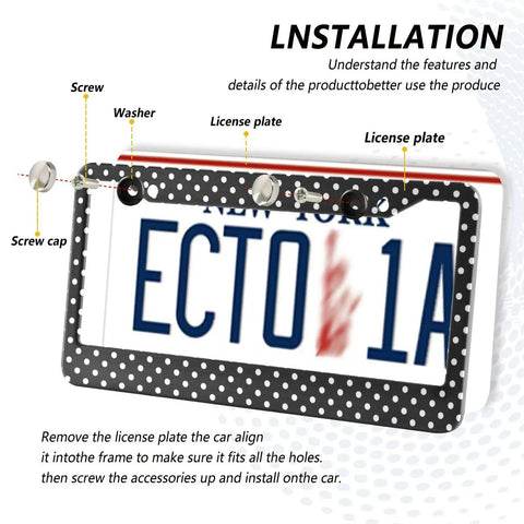 Cool Polka Dot Black And White License Plate Frame Two Pack Universal Fit Stainless Steel With Screws Included for 6x12 Plates