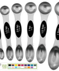 Magnetic Stainless Steel Measuring Spoons Set 8 Pieces With Leveler, heavy-duty black, showing various spoon sizes.