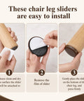 Instructional images for Self Adhesive Furniture Sliders For Carpet And Hardwood Floors, showing installation steps on chair legs.