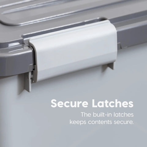 Close-up of the latch on the stackable dog food storage container with airtight gasket seal and four latches, gray color.