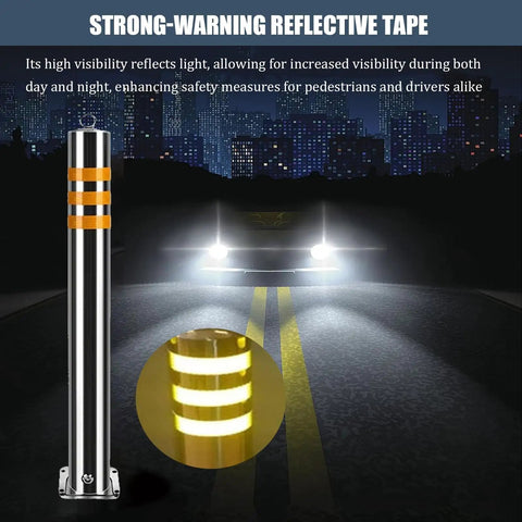 Hella Sturdy Heavy Duty Stainless Steel Safety Bollards 2 Pack Removable Parking Barrier Posts With Lock And Reflective Strips For Driveway Security And Traffic Control Outdoor Guard Posts with reflective tape at night.